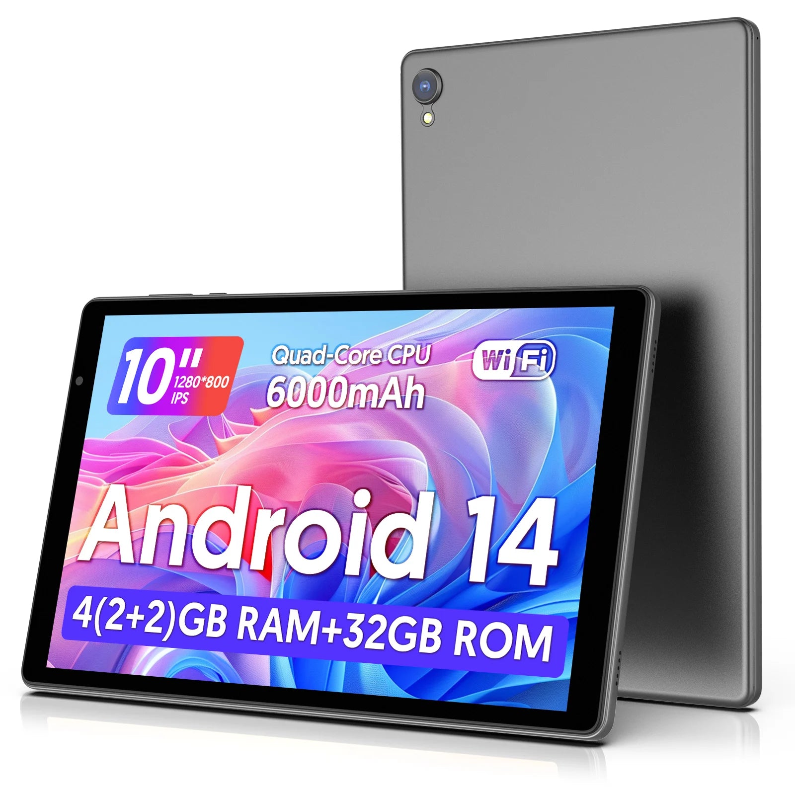 Latest Android 14 Tablet, 10-inch Tablet, Quad-core Processor, 5G WiFi, 4GB ROM + 32GB RAM, 1280*800 Resolution, 8000mAh Battery.