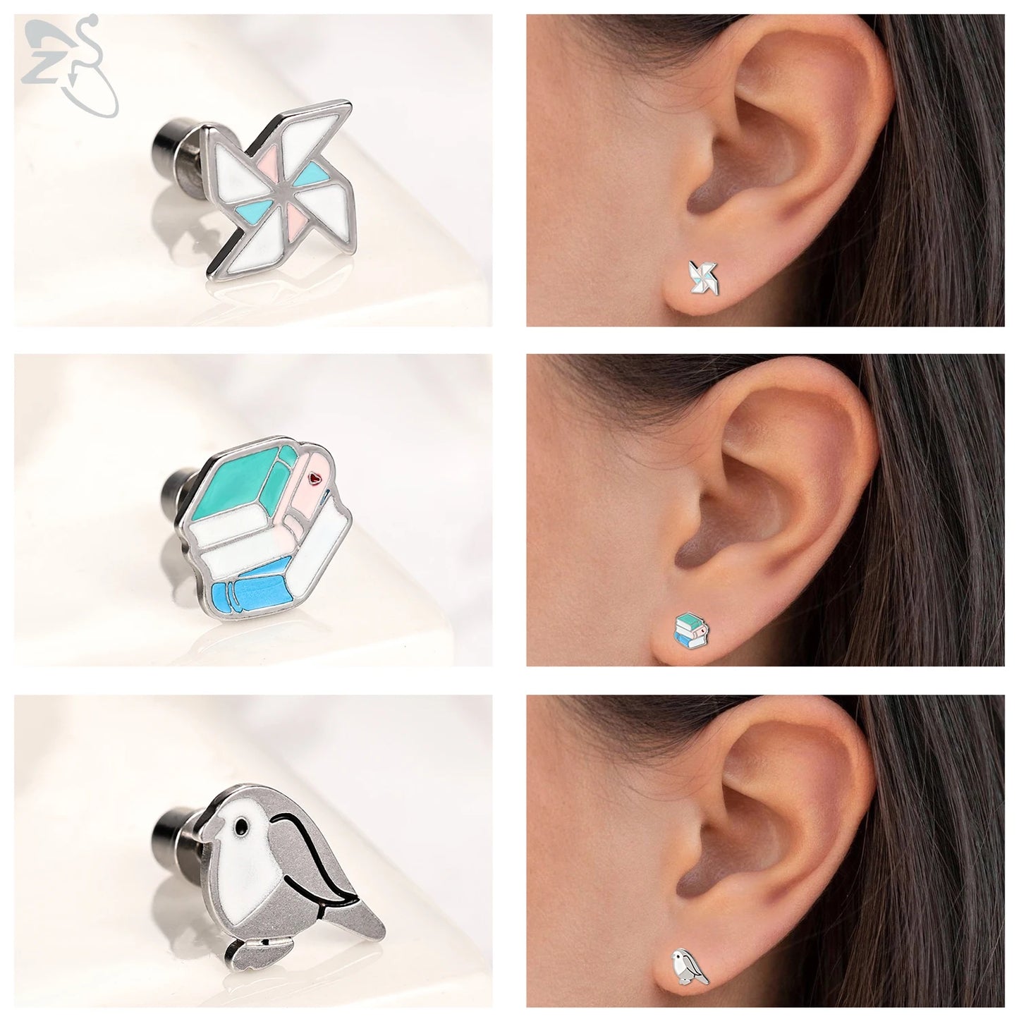 ZS 2Pcs/lot Stainless Steel Butterfly Star Heart Stud Earring Silver Color Earrings Ear Tragus Helix Tragus Piercing 20G Jewelry.
