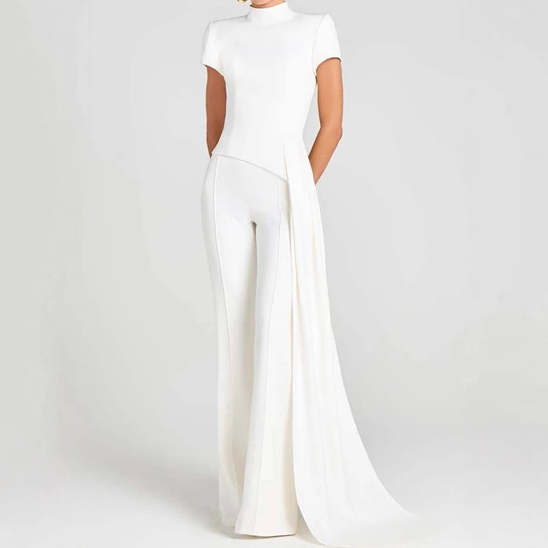 Simple Solid High Waist Straight Suit Office Elegant Party Outfit Women's Stand Collar Short Sleeved Top and Pants Two Piece Set.