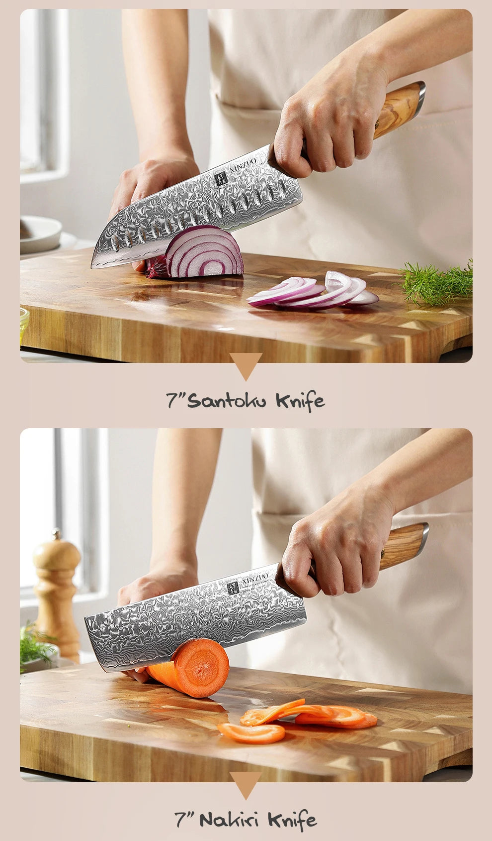 XINZUO 1-8pcs Kitchen Knife Set 73 Layers Custom Damascus Steel 15°±1 Per Side Steel Blade with Olive Wood Handle.