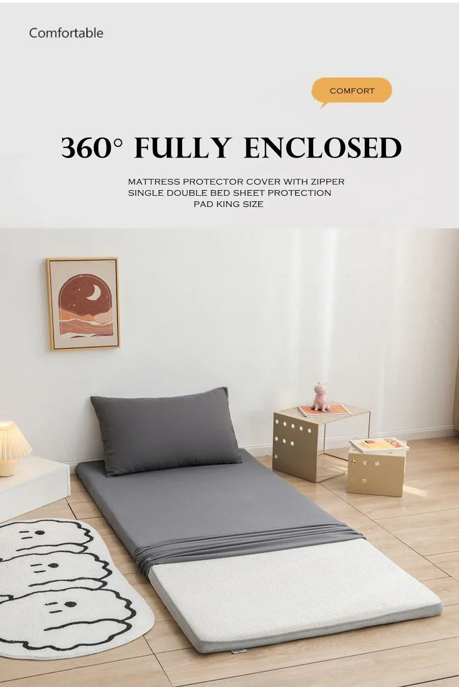 WASART 360° fully enclosed with zipper mattress protector cover student baby single double bed sheet protection pad 90/150cm.