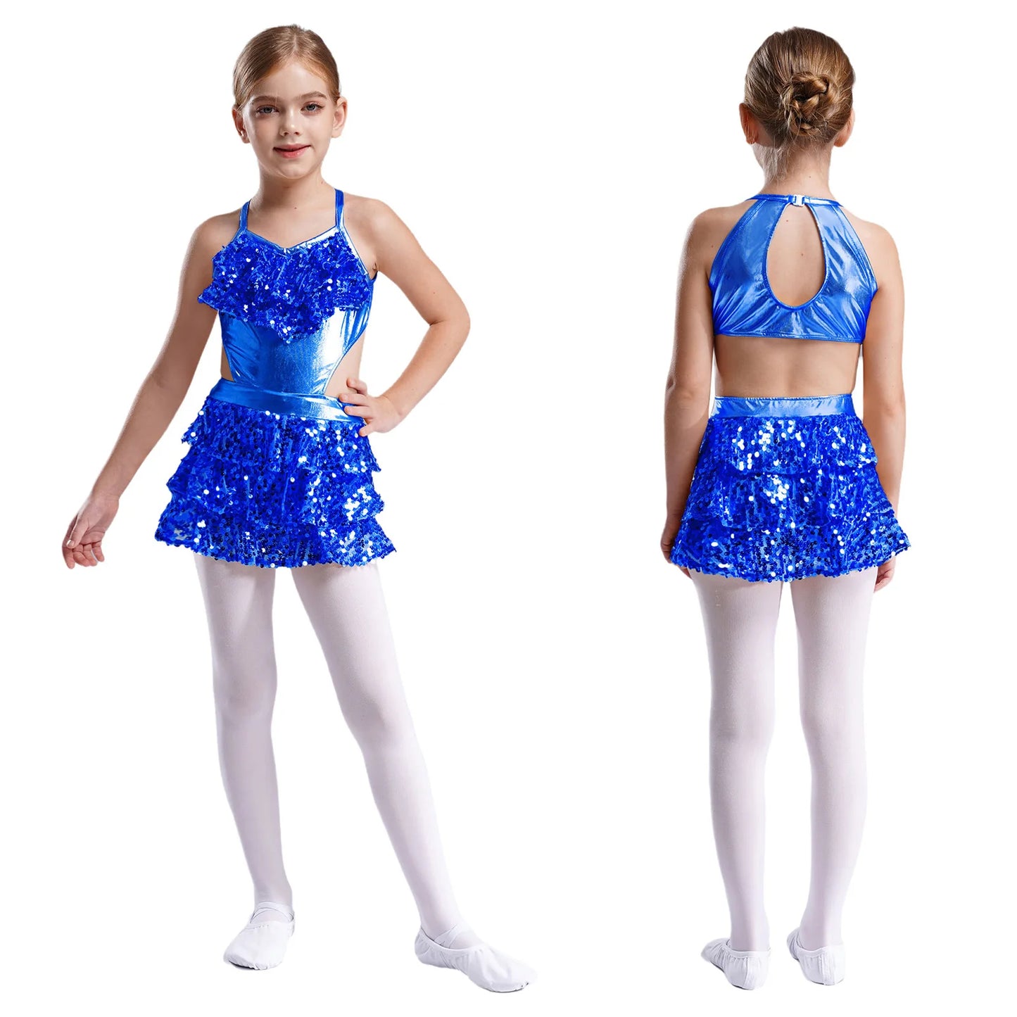 Kinder Mädchen Pailletten Jazz Ballett Tanzkleid Ärmellos Ausschnitt Tiered Rüschen Trikot Salsa Samba Rumba Skating Performance Kostüm