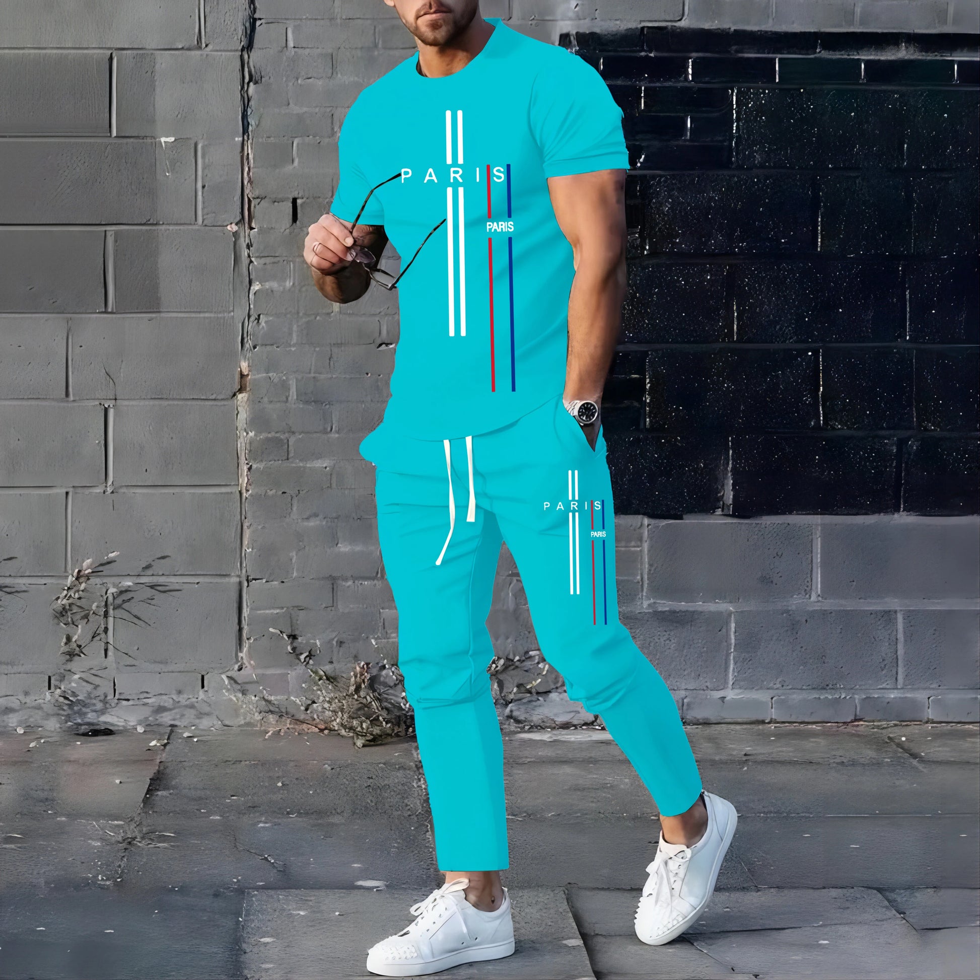 New StyleSummer Spring Fashionable Men's Football Sportswear T-shirt Pants Set Casual Short Sleeve Set Jogging Fitness Clothing.