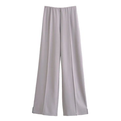 HH Women's 2-Piece Set Fashion Slimming Double-Sided Fabric Round Neck Long-Sleeve Top+Elegant Stretch Casual Wide Leg Pants