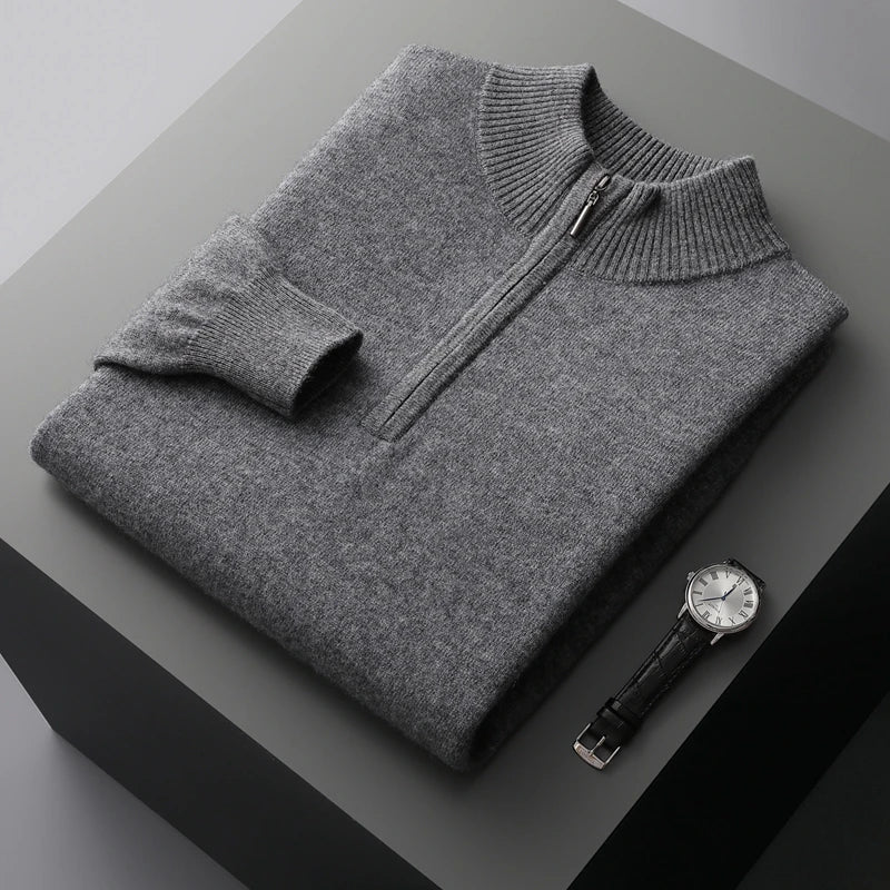 New Half Turtleneck Zipper Men's Pullover 100% Cashmere Sweater Solid Color Casual Versatile Wool Sweater Men's Clothing