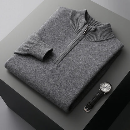 New Half Turtleneck Zipper Men's Pullover 100% Cashmere Sweater Solid Color Casual Versatile Wool Sweater Men's Clothing