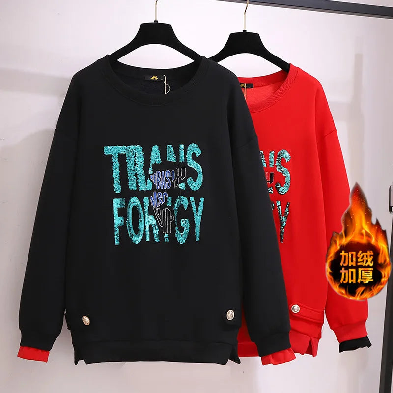150 kg Übergröße Damen Büste 157 Winter Fleece Lose Pailletten Brief Sweatshirts Rundhals Pullover Top 5XL 6XL 7XL 8XL 9XL.