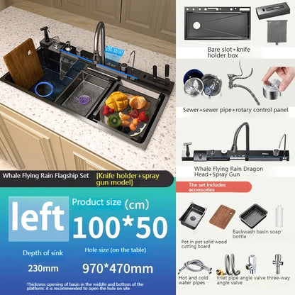 Stainless Steel Waterfall Kitchen Sink New Embossed Extra Large Single Slot Modern Digital Display Dishwashing Basin