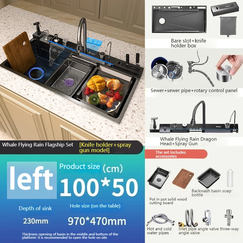 Stainless Steel Kitchen Sink with Waterfall Extra Large Single Slot Digital Display Dishwashing Basin Includes Sinks 100x50cm