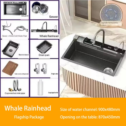 Heißer verkauf Edelstahl Wasserfall Küche Waschbecken Mit Messer Halter Digital Display Wasserhahn Set Geprägte Extra Große Einzigen Slot