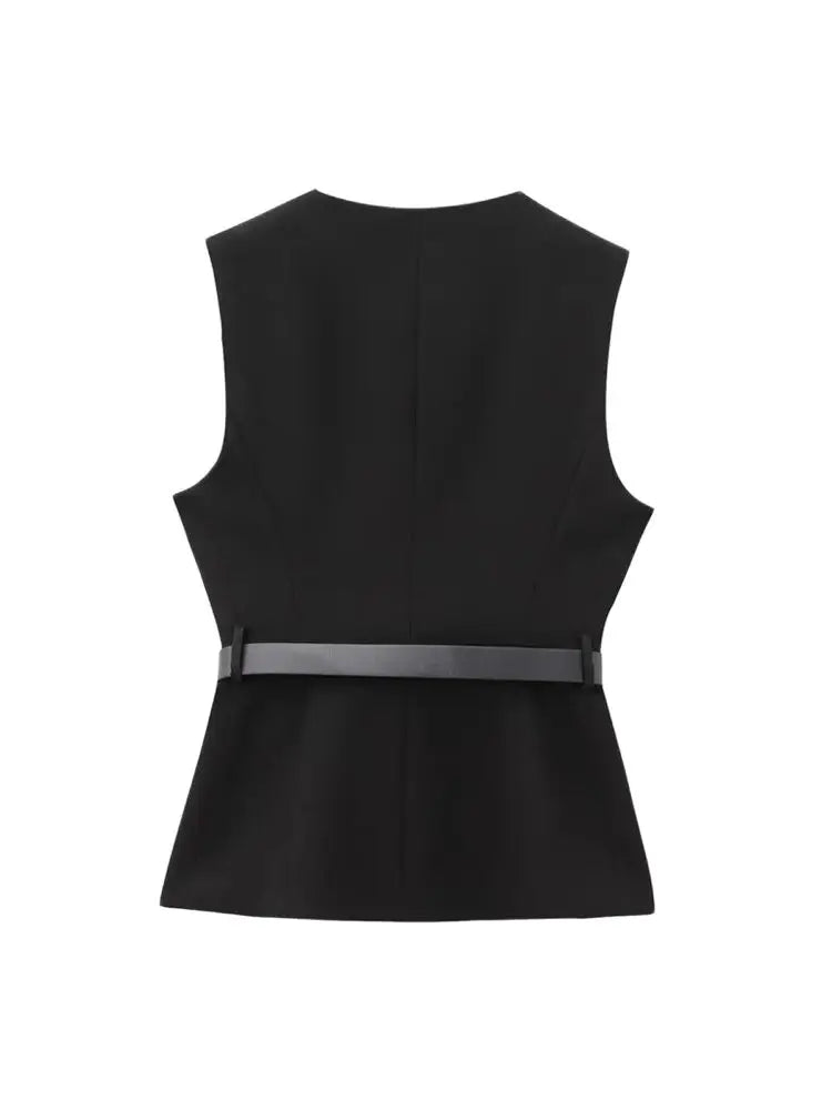 TRZA-Lange Damenweste mit Gürtel, Goldknopf vorne, O-Ausschnitt, ärmellose Weste, weibliche Oberbekleidung, schicke Oberteile, Mode.