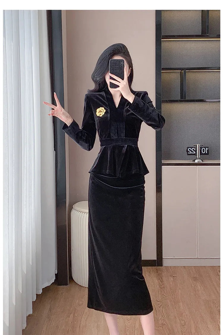 VigoAnne 2025 Solid V Neck Velvet 2 Piece Set Woman Long Sleeve High Waist Skirt Suits Lady Spring Autumn Korean Long Dress Suit.