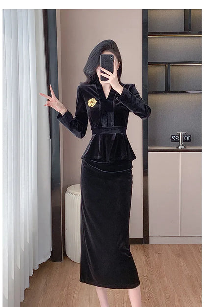 VigoAnne 2025 Solid V Neck Velvet 2 Piece Set Woman Long Sleeve High Waist Skirt Suits Lady Spring Autumn Korean Long Dress Suit.