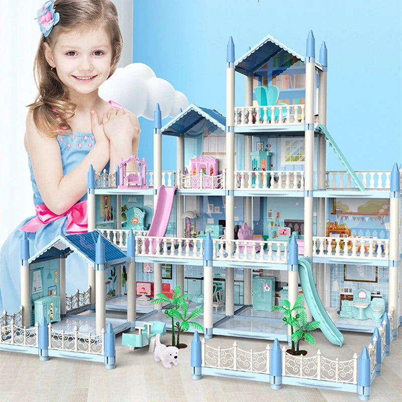 Girls Toddler Doll House - Large Doll House with 4 Dolls, Furniture, Accessories, LED Lights, 4 Stories Princess Dream House Toy.