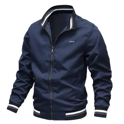New Autumn and Winter Men's Windproof Stand Up Collar Jacket, Men's Stand Up Collar Striped Collar Casual Top No Velvet Sports F.