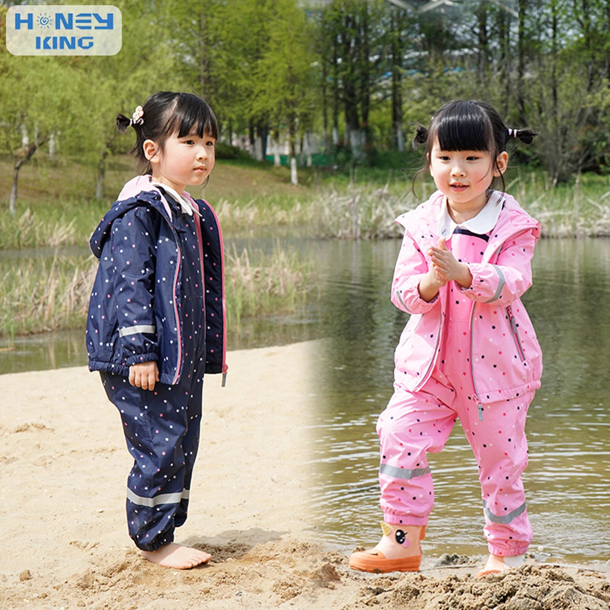 HONEYKING Children's Clothing Sets Raincoat Suit Baby Waterproof Overalls Pants Girls Jumpsuit For Kids Jacket And Trousers Set.