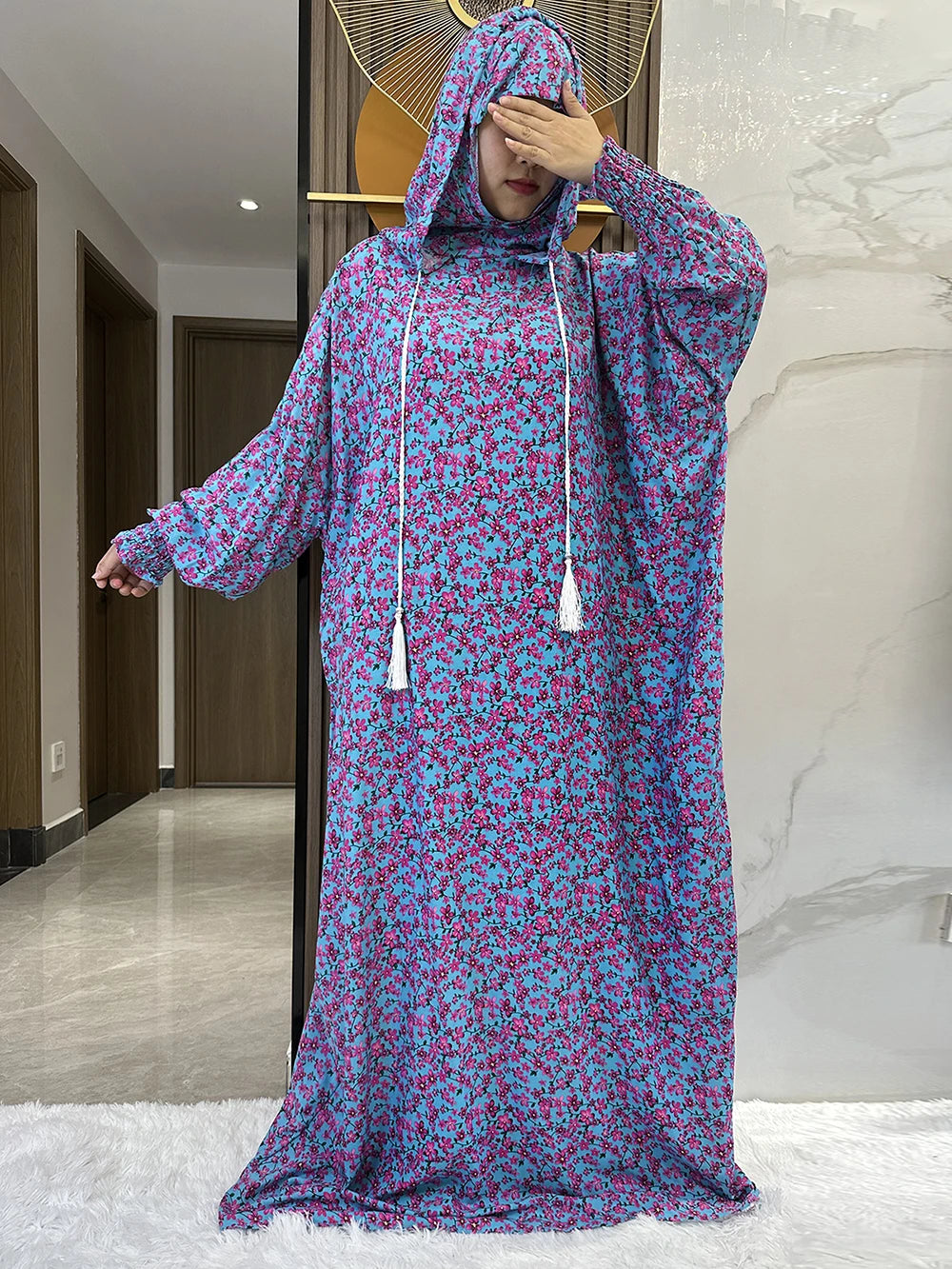 New Ramadan Muslim Two Hats Abaya Dubai Turkey Islam Prayer Clothes Floral Cotton Long Dress Islam Women Dress Kaftan.