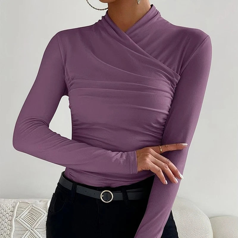 Sexy Elegant Fall Winter Long Sleeve Cross Pleated Pullover Women's Modal Solid Color Irregular Tops Street Daily Versatile Tees.