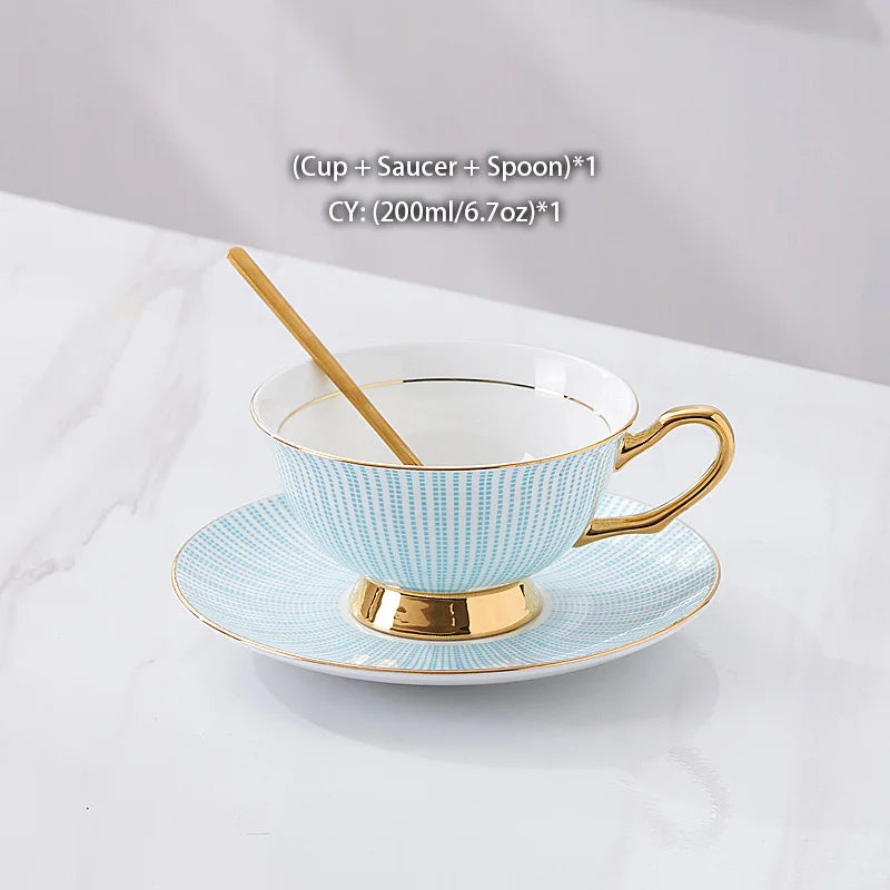 Bone China Tea Cup Saucer Spoon Set 200ml Elegant Coffee Cup Gold Porcelain Tea Set Ceramic Teacup Cafe Espresso Cup British Mug