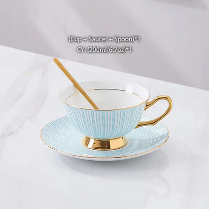 Bone China Tea Cup Saucer Spoon Set 200ml Elegant Coffee Cup Gold Porcelain Tea Set Ceramic Teacup Cafe Espresso Cup British Mug