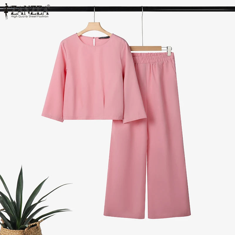 ZANZEA 2025 Women Autumn Matching Sets Solid Outfits Vintage Casual O Neck Long Sleeve Tops Pant Sets Fashion OL Work Tracksuit.