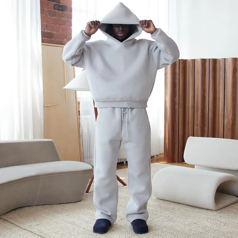 Men Cotton Vintage Tracksuit 2pcs Set Hoodies Straight Pants Casual Loose Hip Hop Sports Hooded Pullover Trousers Y2k Streetwear.