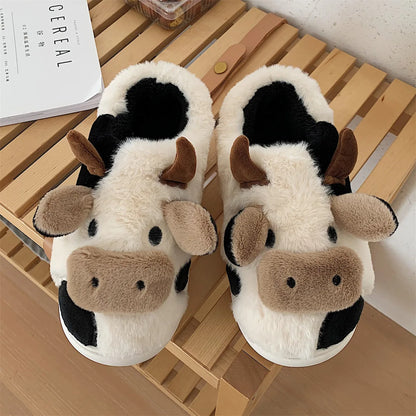 Shevalues Plush Cartoon Milk Cow Slippers Winter Women Slippers Furry Non-Slips Women Cotton Slides Couples Soft Cozy Flat Shoes