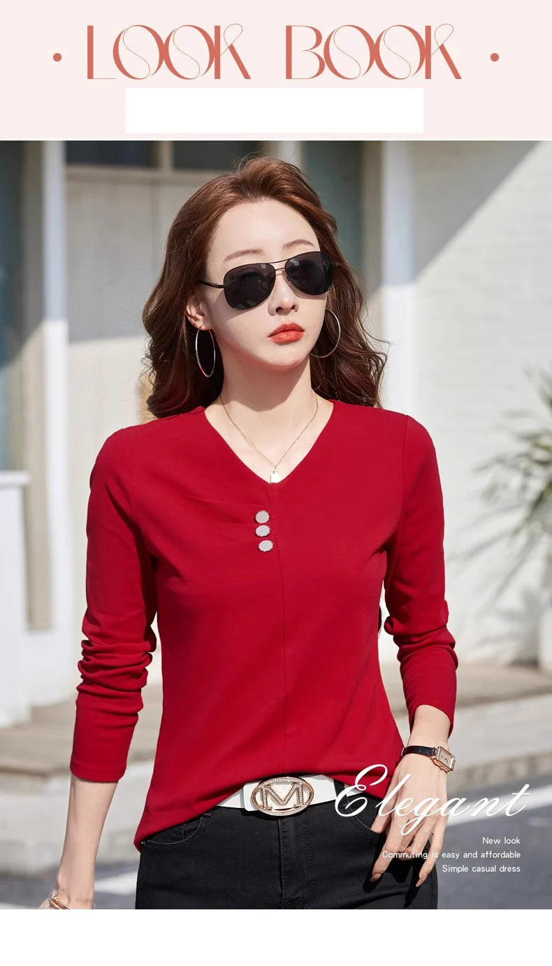 Wine red pure cotton long sleeved t-shirt for women's spring and autumn new style V-neck fashionable casual plus size loose top.