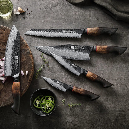 XINZUO 1-5PCS Damascus Steel Kitchen Knife 10Cr15CoMov Steel Core Chopping Vegetables And Fruits Household Kitchen Knife.