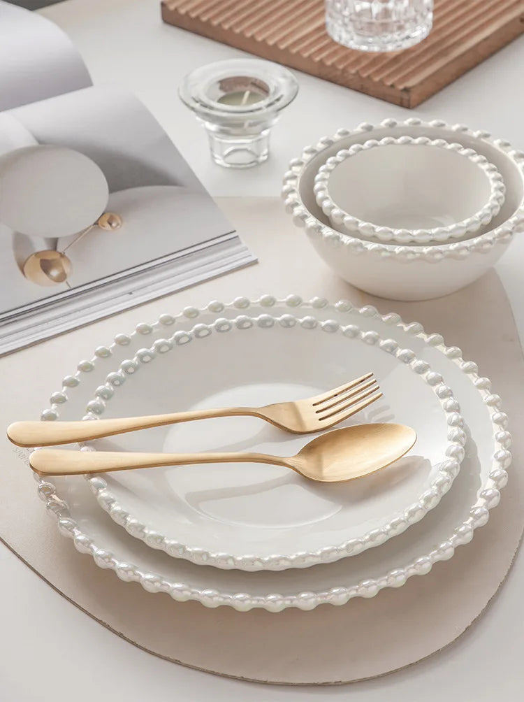 Ceramic Tableware Set Nordic Creative Pearls Beaded Edge Western Food Snack Plate Rice Bowl Soup Bowl Steak Plate Set Kitchen.