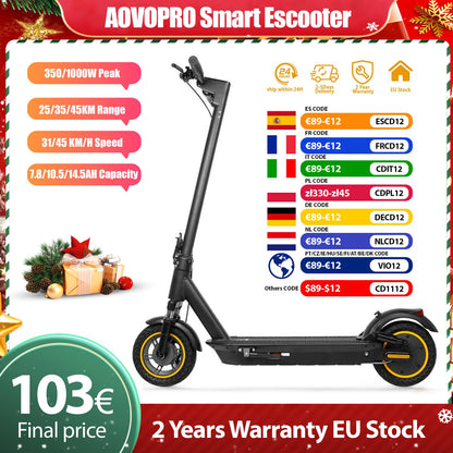 2025 Upgrate AOVOPRO Smart APP Electric Scooter 350W/500W Powerful Motor 36V/42V 25-45KM  Range Adults EScooter with Dual Brake.