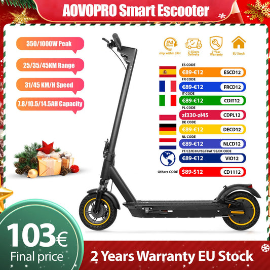 2025 Upgrate AOVOPRO Smart APP Electric Scooter 350W/500W Powerful Motor 36V/42V 25-45KM  Range Adults EScooter with Dual Brake.