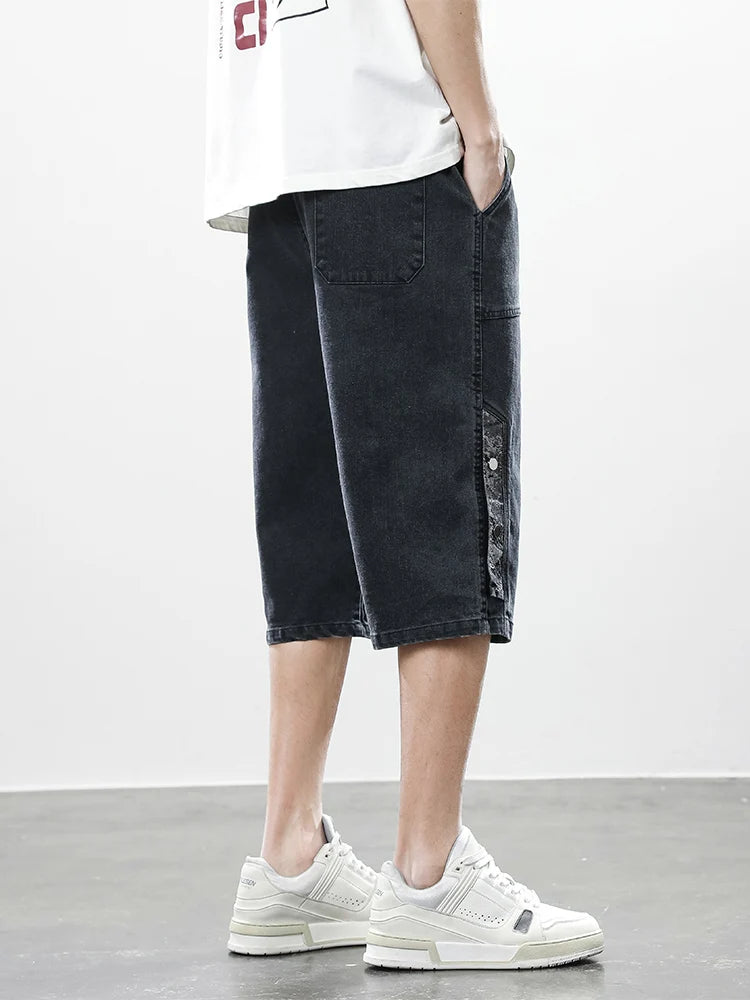 Summer Men's Jeans Denim Breeches Calf-Length Casual Shorts Washed Cotton Drawstring Straight Capris Pants Big Size 8XL.