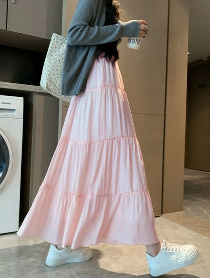 Spring Summer Women Long Skirts Fashion High Waist Elastic Patchwork A-Line Skirt Casual All-Match White Cake Maxi Skirts Female.