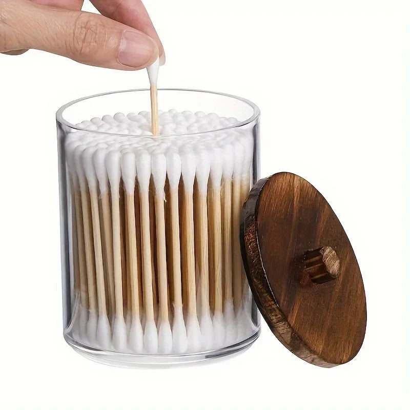 Transparent Acrylic round Wood Lid Cotton Swab Box Plastic Small Organizer Box Makeup Remover Cotton Storage Box Set.