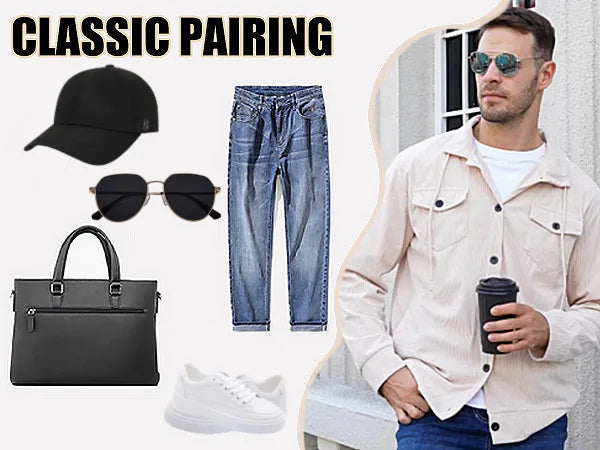 Men's Corduroy Jacket Stand-up Collar Slim Fit Retro Multi-pocket Workwear Commuter Coat for Spring And Autumn.