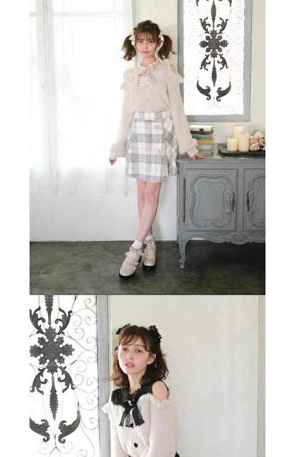 Liz-Pullover, japanische Massenproduktion, Herbst- und Winterwolle, schulterfrei, Spitze, schmaler kurzer Pullover, weicher, pelziger Strickpullover.