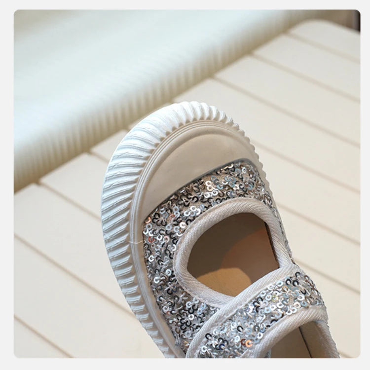 New Girl Princess Canvas Shoes Fashion Luxury Sequins Children Causal Shoes Breathable Kids Glitter Mary Jane Shoes Thick Bottom.