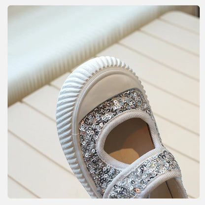 New Girl Princess Canvas Shoes Fashion Luxury Sequins Children Causal Shoes Breathable Kids Glitter Mary Jane Shoes Thick Bottom.