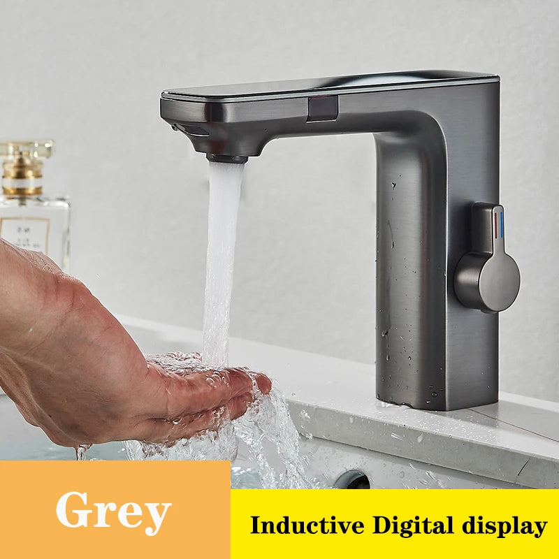 Touchless Sensor Basin Faucet Smart Digital Display Bathroom Sink Faucet Grey Sense Hot Cold Water Mixer Tap Battery Power