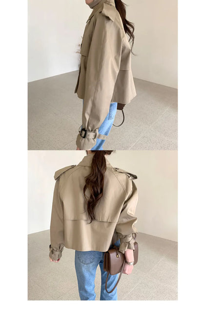 Vintage Zweireiher Graben Jacken Frauen Lose Chic Büro Dame Crop Tops Herbst Weibliche Mäntel Alle-spiel Lose Windjacke.