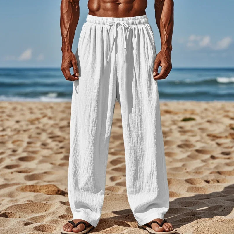 Men's Linen Casual Pants Elastic Waist Beach Pants Lightweight Drawstring Summer Yoga Pants Solid Color Beach Pants.