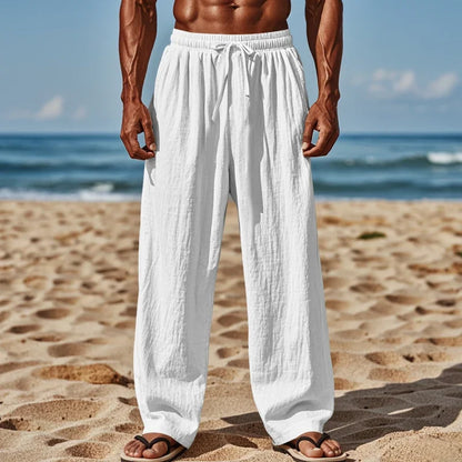 Men's Linen Casual Pants Elastic Waist Beach Pants Lightweight Drawstring Summer Yoga Pants Solid Color Beach Pants.
