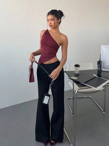 Women's Sexy One Shoulder Asymmetry Hem Crop Top Shoulder Knot Desigh Backless Slim Fit Cami Top streetwear 2025 Summer.