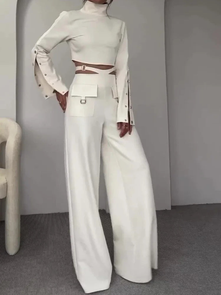Women Pant Set Work Two Piece Sets Turtleneck Full Sleeve Tops Sexy Wide Leg Long Pants Loose Casual Elegant Matching Sets.