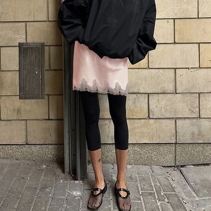 Combhasaki Women Summer Chic Floral Lace See-through Hem Patchwork Side Zipper Waist Slim Bodycon Silky Short Mini Pencil Skirts.