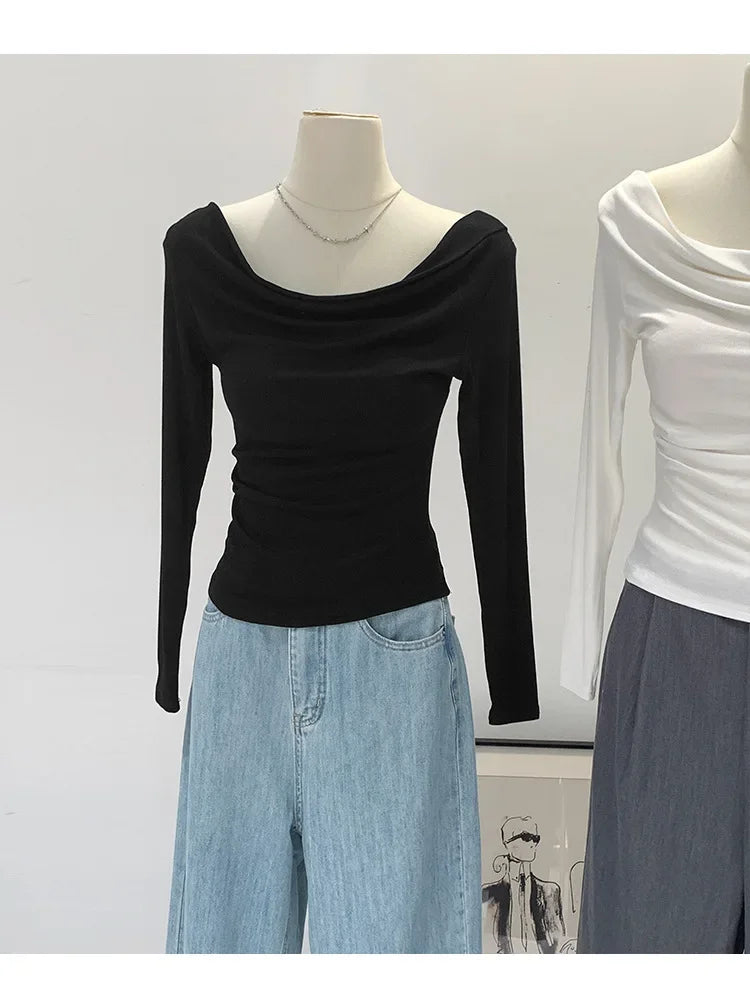 Off-The-Shoulder Long Sleeve T-Shirt Women's Early Autumn New Slimming Design Korean Style Sweet And Spicy Fashion Tops