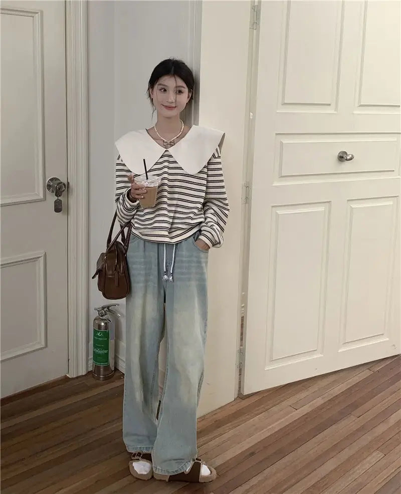 Oversized New Women Clothing Korean Patchwork Peter Pan Collar Sweatshirts Female Casual Striped Long Sleeve Loose T-Shirts Tops.