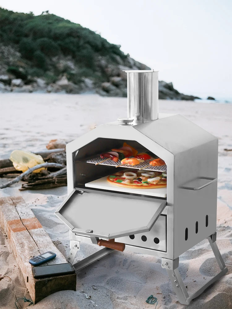 Tragbarer, holzgefeuerter Pizzaofen für den Außenbereich mit 12-Zoll-Stein und Thermometer, klappbare Beine, Camping-Grillmaschine aus Edelstahl für den Hinterhof