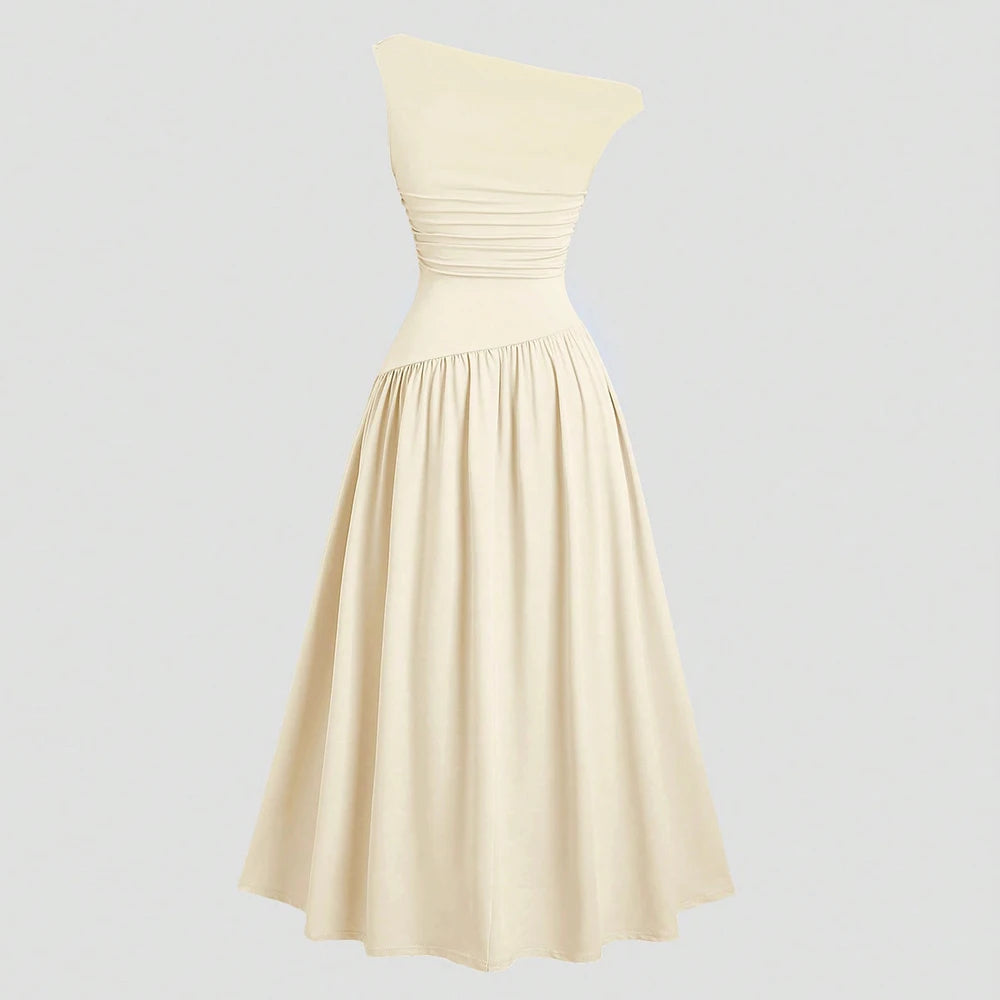 Mia Muse Kleider Sommer Französisch Einfarbig Asymmetrische Falten Ärmellose One-Shoulder Drapierte Midi Basics Kleider Für Frauen.